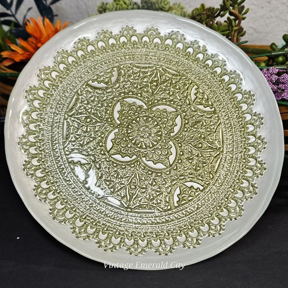 Vtg Turkish Glass White Cake Stand Pedestal Dessert Serving Platter Gold Lace